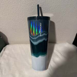 Starbucks 2021 Holiday Silver Dark Green White Wave Tumbler 24 oz